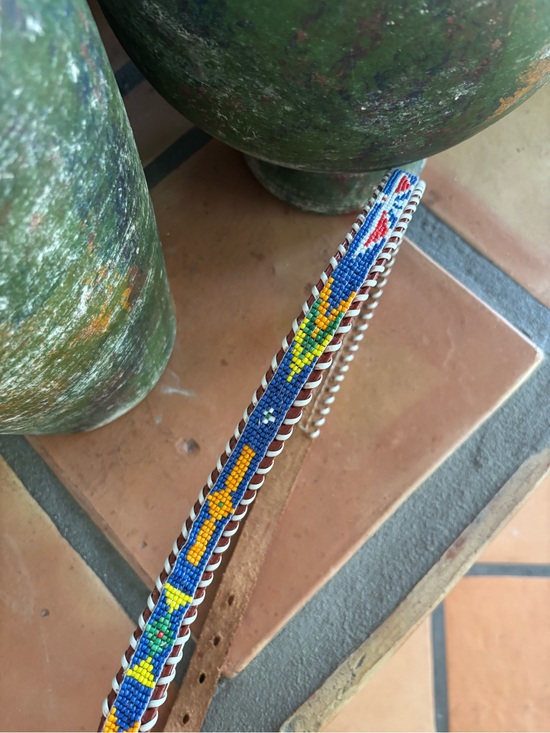 Vintage hand stitched, hand beaded, genuine cowhide skinny belt: southwestern main image 2